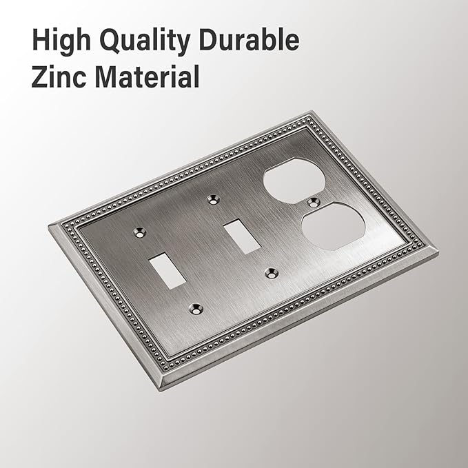 Henne Bery Sunken Pearls Heavy Duty Decorative Wall Plate Switch Plate Outlet Cover (Double Toggle/Single Duplex, Heirloom Silver)