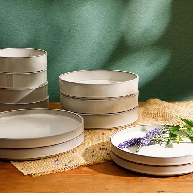 Bloomhouse - Two Time Oprah's Favorite Things Winner - Santorini Mist Double Bowl Terracotta Reactive Glaze Plates and Bowls Dinnerware Set - Moonstone White, Service for Four (16pcs)