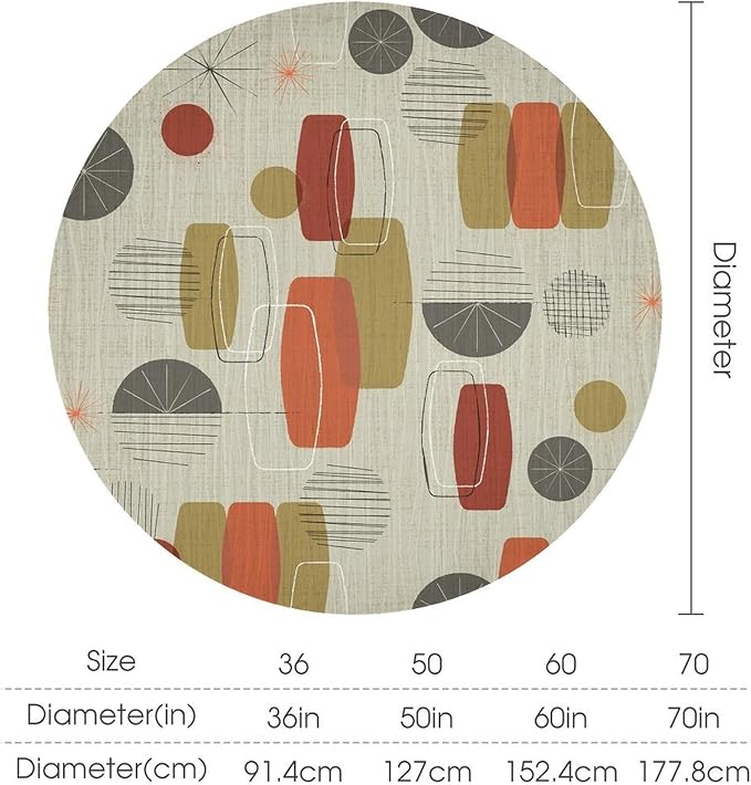 Retro Medieval Bohemian Round Tablecloth, Modern Mid Century Geometric Abstract Print Tablecloth for Home Party Dining Room Kitchen Decor 60Inch(152cm)