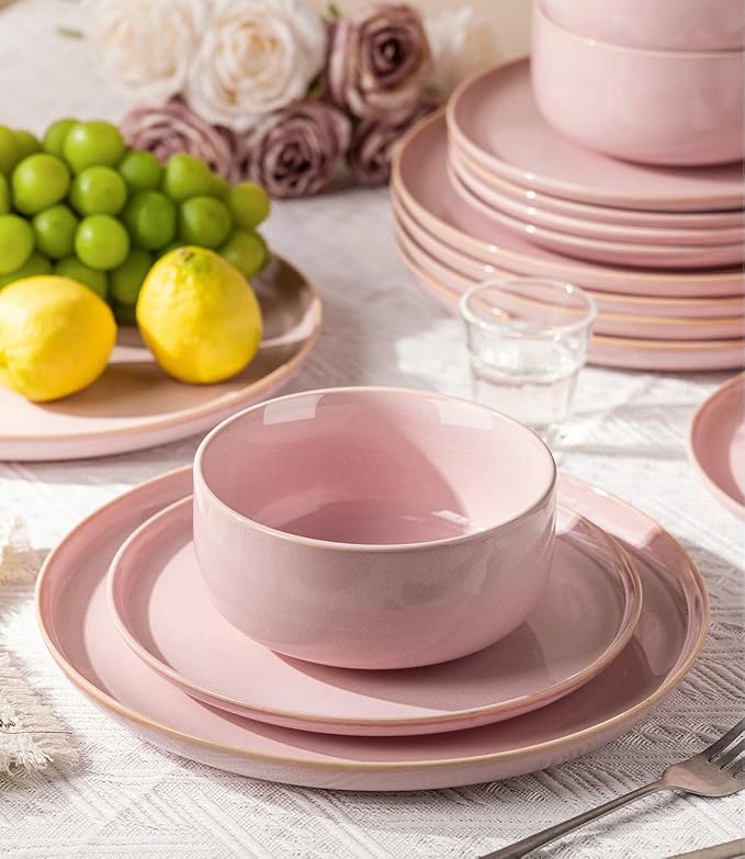 TheTerra Ceramic Dinnerware Sets for 4, 12 Pieces Handmade Reactive Glaze Plates and Bowls Set, Scratch Resistant Dish Set, Oven & Microwave & Dishwasher Safe, Sakura Pink