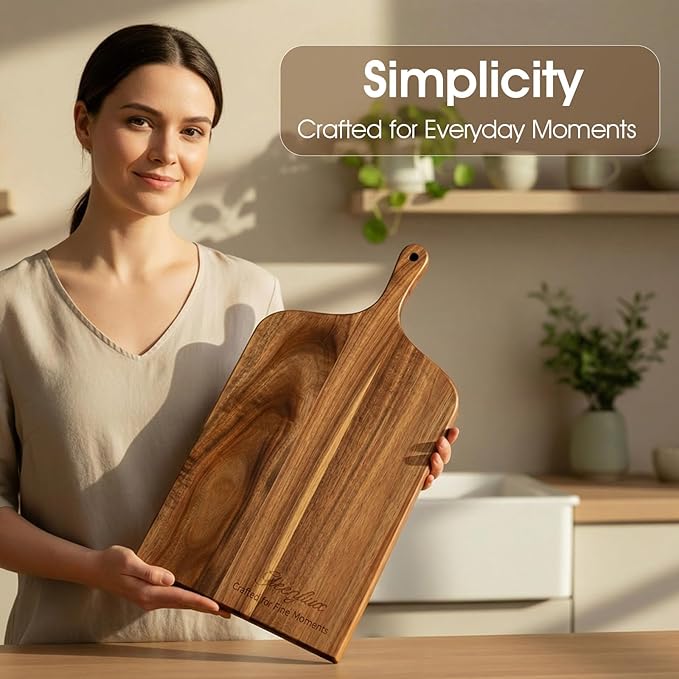 Acacia Wood Charcuterie Board with Handle, Large Cheese Serving & Entertaining Board, Premium Natural Grain Wooden Board for Appetizers, Snacks & Gift Giving