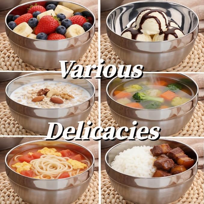 4pcs stainless Steel Bowls Set，5.1Inches Double Walled Insulated Large Serving Rice Cereal Salad noodle， 500ml Unbreakable Deep Bowl for kitchen Restaurant