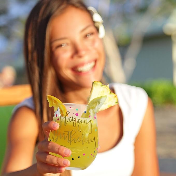 Your Dream Party Shop Happy Birthday Wine Glass, 22oz Stemless with Gold Print - Gift for Adults and Women, Happy Birthday Cups For Women