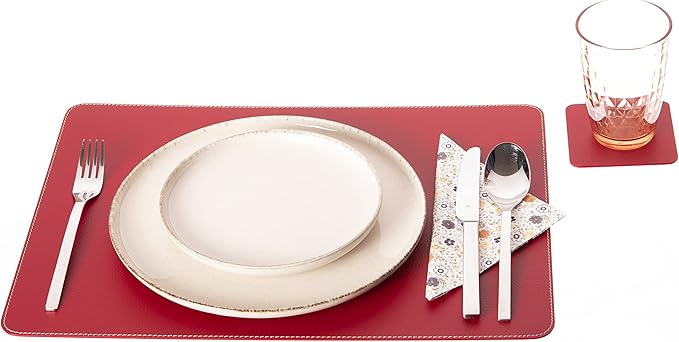 Nikalaz Set of Red Placemats and Coasters, 4 Table Mats and 4 Coasters, Recycled Leather, Place Mats 18'' x 13'' and Coasters 3.9'' x 3.9''