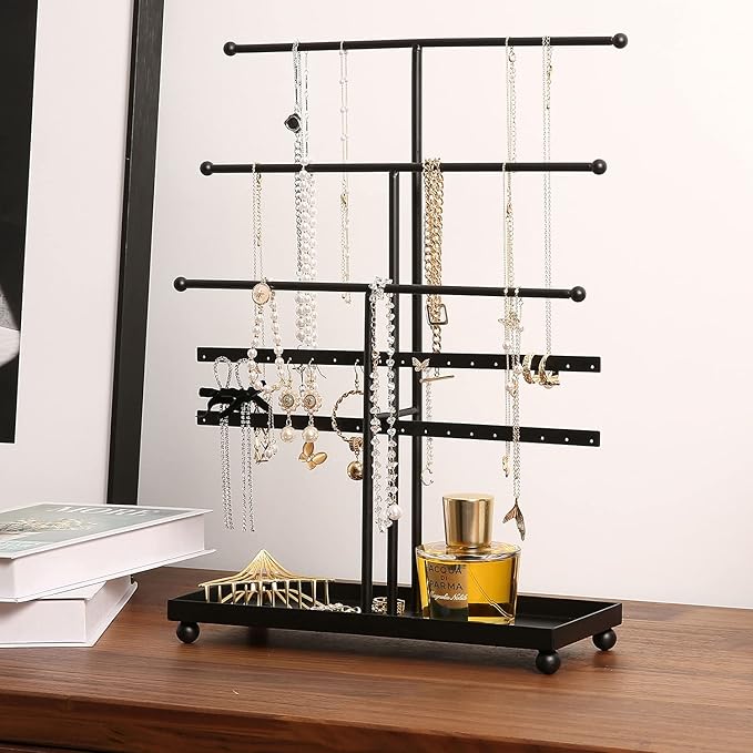 MyGift Modern 3-Tier Metal Jewelry Organizer Stand - Matte Black Jewelry Storage Display with Ring Tray, 18 Earring Hooks & 5 T-Bars for Necklaces, Bracelets, Earrings - Home/Boutique Use