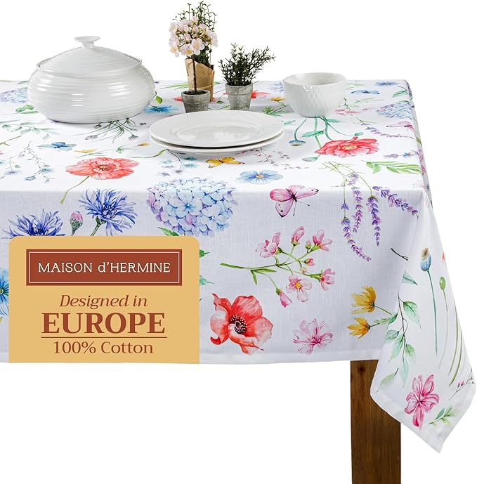Maison d' Hermine Table Cloth Square Table 100% Cotton 60 x 60 Inches Tablecloth Reusable Decorative for Dining Room Farmhouse Home Valentines Day Decorations Spring Summer - Just Floral