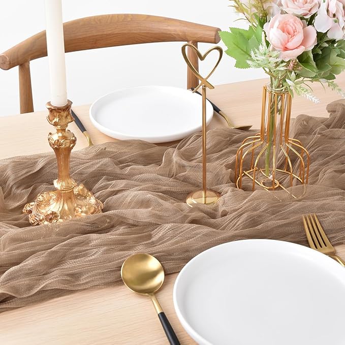 Joanlody Coffee Cheesecloth Table Runner Fall Thanksgiving 10Ft Rustic Gauze Boho Cheese Cloth Table Runner for Wedding Bridal Baby Shower Decoration