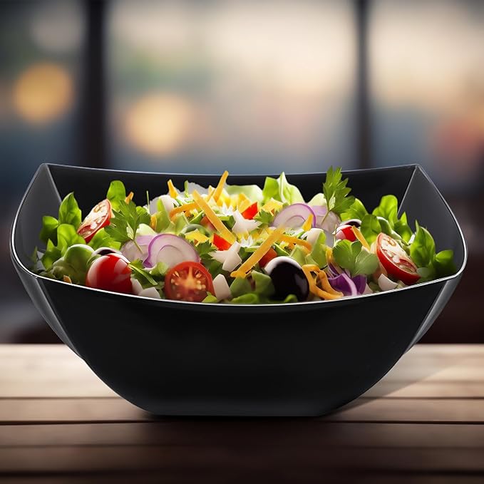 Tanlade 50 Pcs Square Plastic Serving Bowls Disposable Snack Salad Bowl Small Party Candy Bar Containers Taco Bar Serving Dishes for Buffet Chips Fruit(Black,16 oz)