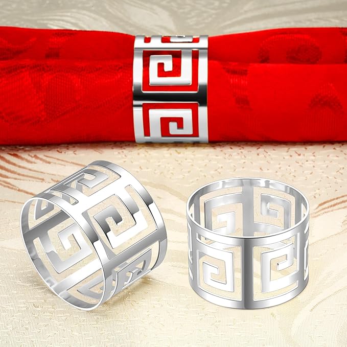 Hotop 48 Pcs Silver Napkin Rings Set Hollow Out Metal Napkin Holder Exquisite Serviette Buckle Bulk for Wedding Party Gathering Dinner Table Decoration