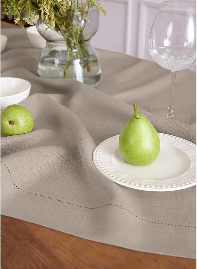 Solino Home Linen Tablecloth 60 x 108 Inch - Classic Hemstitch 100% Pure Linen Natural Table Cloth for Rectangle Tables - Machine Washable Tablecloth for Spring, Easter