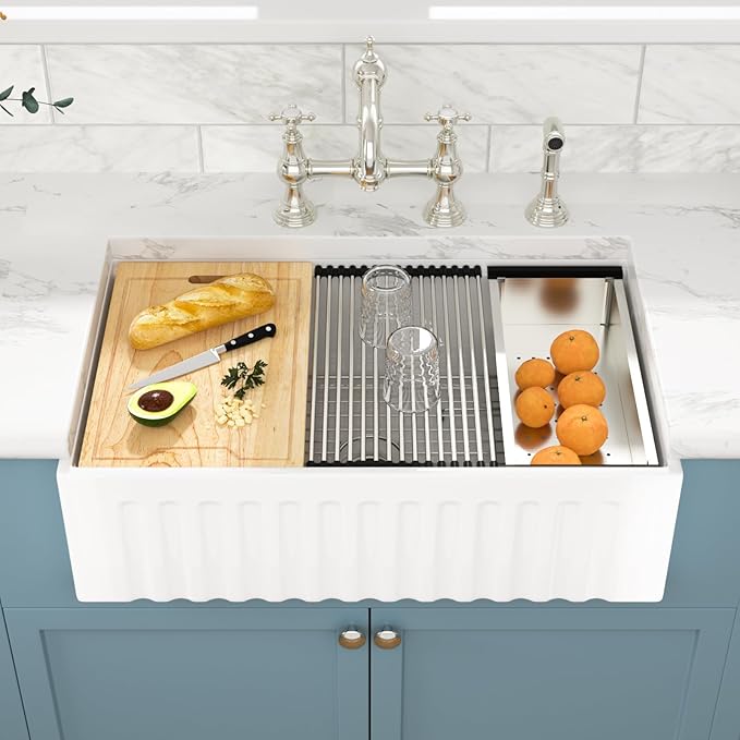 Sarlai 33 White Farmhouse Kitchen Sink - 33x20 Inch Farm Kitchen Sink Reversible Design Ledge Workstation White Ceramic Porcelain Fireclay Farmer Sinks 10" Inch Deep Single Bowl Basin