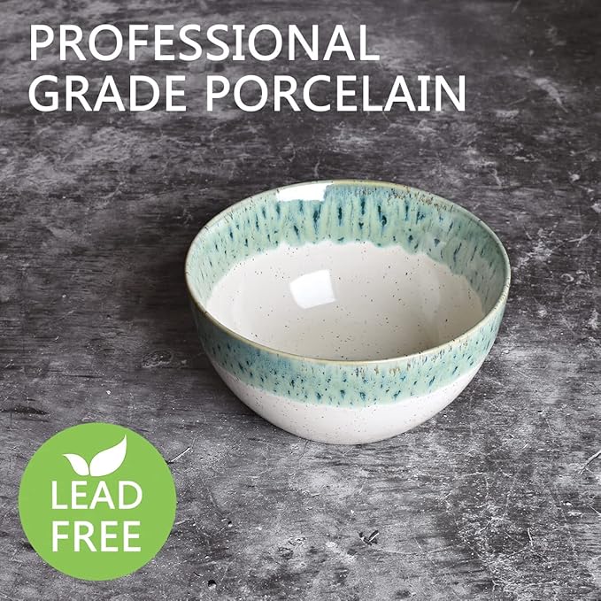 Bosmarlin Stoneware Soup Bowl Set of 4, 26 Oz, Cereal Bowl for Oatmeal, Dishwasher and Microwave Safe, Reactive Glaze (Turquoise Green, 6 in)