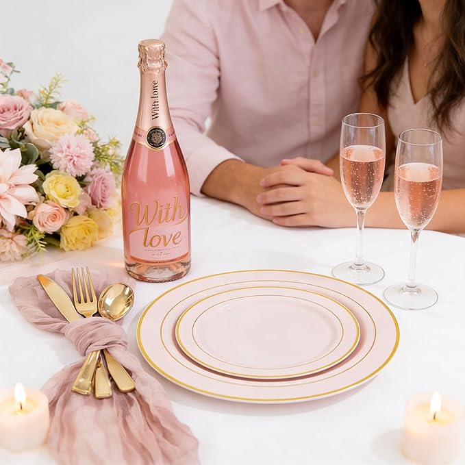 GATHER 700PCS Pink Plastic Plates - Gold Rim Disposable Plastic Dinnerware Set Include 200 Pink Plates, 300 Silverware, 100 Napkins, 100 Cups for Party & Wedding & Valentine's Day