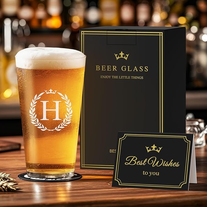 Personalized Beer Glasses Gifts for Men, 16 oz Pint Glasses Monogrammed A-Z Drinking Glass Cups Customized Gift, Unique Christmas Anniversary Birthday Gifts for Men Him Dad Brother Husband Grandpa (H)