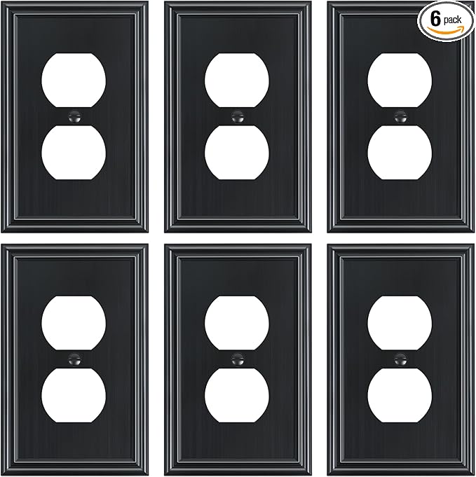 6-Pack Single Duplex Outlet Cover Plate, Decorative Black Switch Plates and Outlet Covers, Metal Wall Plates for Electrical Outlets, 1 Gang Receptacle Cover, Corrosion Resistant