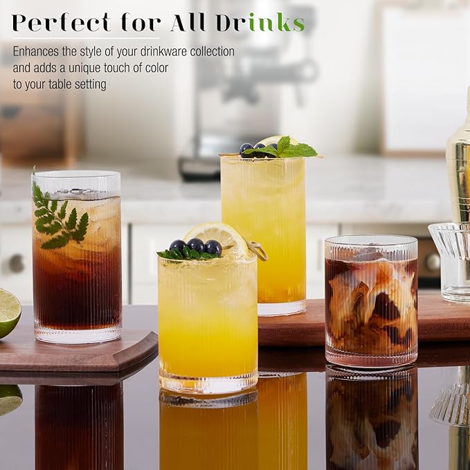 LUNA & MANTHA Ribbed Glasses Drinking Set of 8-17oz Large Capacity Highball Glasses, 12oz Rocks Glass Cups, Vintage Cocktail Glasses, Ideal for, Water, Ice Coffee Cup, Whiskey, Mixed Drinkware