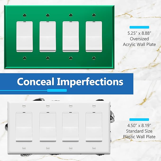 LIDER Reflective Acrylic Decorator Wall Plate, Mirrored Light Switch Plate, Plexiglass Outlet Cover, Acrylic Glass, Oversized 4-Gang 5.25" x 8.88", LWP-34O-AGR, Green