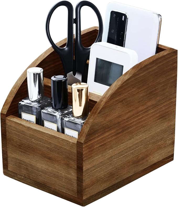 BONNY DODO Remote Control Holders Organizer Box for Table Small Solid Wooden Desk Farmhouse Home Decor Caddy Basket Store Tv Remote for Media Player,Pencil,Glassees&Office Supplies (Brown, S)