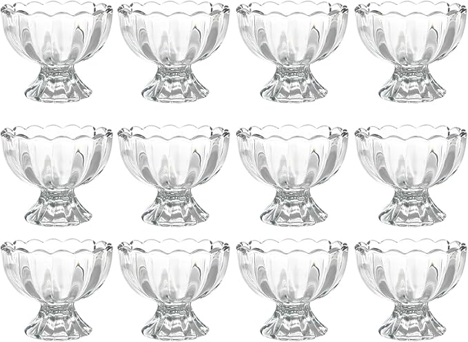 Iced Cream Dessert Bowl，Set of 12，6oz Vintage Glass ware with Heavy Base, Drinking Cup for Sundae, Fruit, Ice Cream, Snack, Condiment (12)