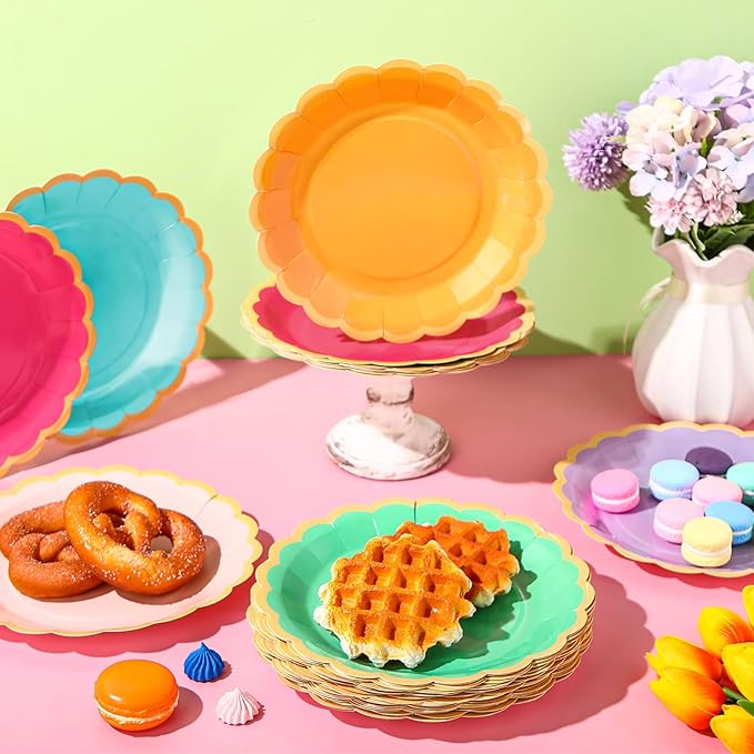 96 Pcs Candy Rainbow Paper Plates 9 Inch Pastel Scalloped Disposable Colorful Dinner Dessert Plates for Birthday Wedding Bridal Carnival Tea Party Supplies, 6 Colors