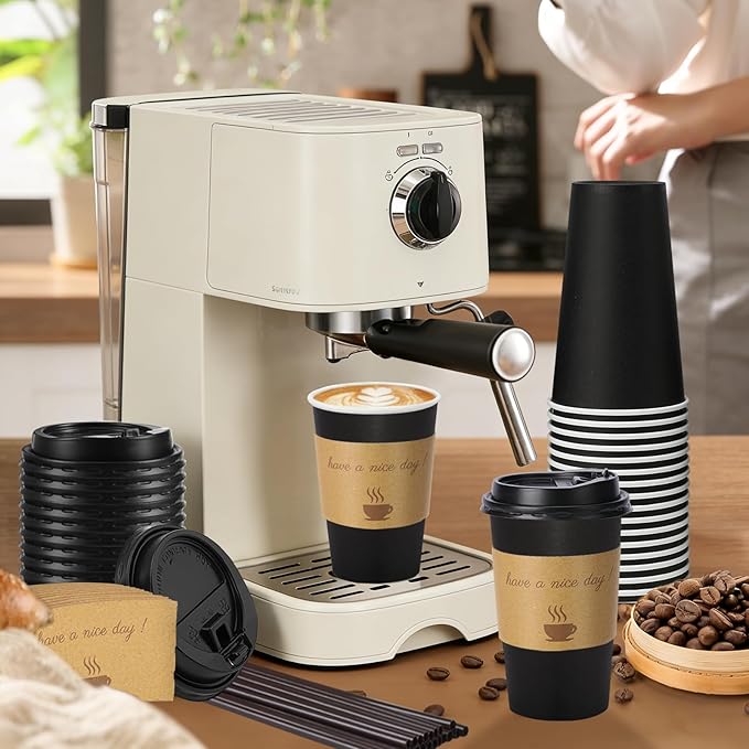 50 Pack 16 oz Disposable Coffee Cups with Lids, Paper Hot Coffee Cups with Sleeve and Straw, To Go Cups for Home, Office, and Party (Black 16oz)