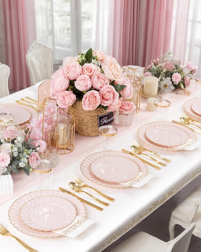 YOUBET 175PCS Pink Scalloped Plastic Plates - Gold Disposable Dinnerware Set Include 50 Plates, 75 Gold Silverware, 25 Cups, 25 Napkins for Party & Wedding & Baby Shower Valentines Day
