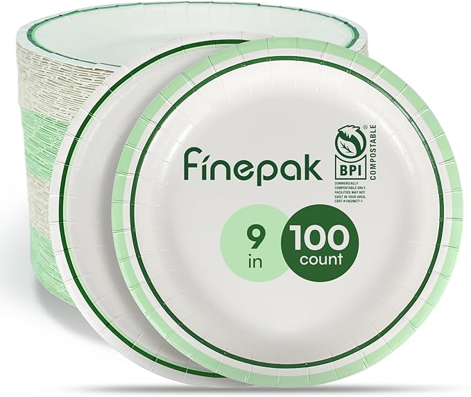 9'' Compostable Paper Plates With Green Circle Rims