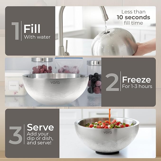 Vora 70oz Dip Chiller Bowl with Lid | Stainless Steel Chilled Dip Bowl for Dips, Guacamole, Hummus, Salsa | Insulated Serving Dishes with Easiest Water Fill & Refillable Chamber