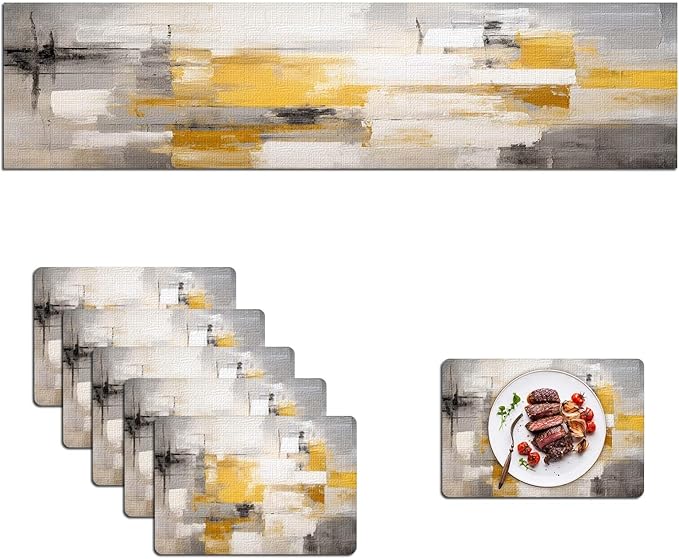 Mcalk Yellow Table Runner and Placemats Set of 6, Abstract Grey Placemats, Modern Cloth Place Mats Indoor for Kitchen,Washable Linen Material for Dining Table