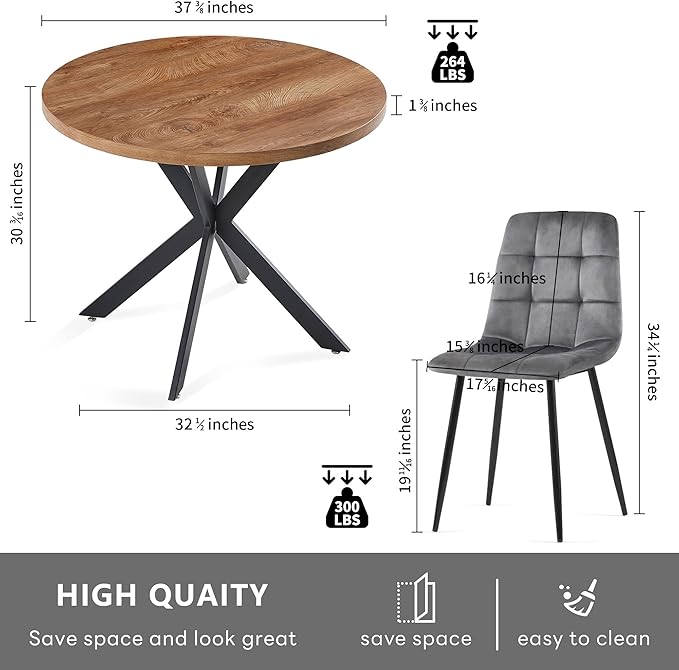 Round Kitchen Table and Chairs Set for 4, 37" Round Dining Table MDF Faux Wood Tabletop, Grey Velvet Dining Chairs Upholstered Side Chair with Back