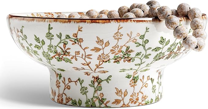 LE TAUCI 10" Ceramic Decorative Bowl, Key Bowl for Entryway, Handcrafted Sturdy Pedestal Bowl, French Country Fruit Bowl for Kitchen Counter, Centerpiece, Vine Green