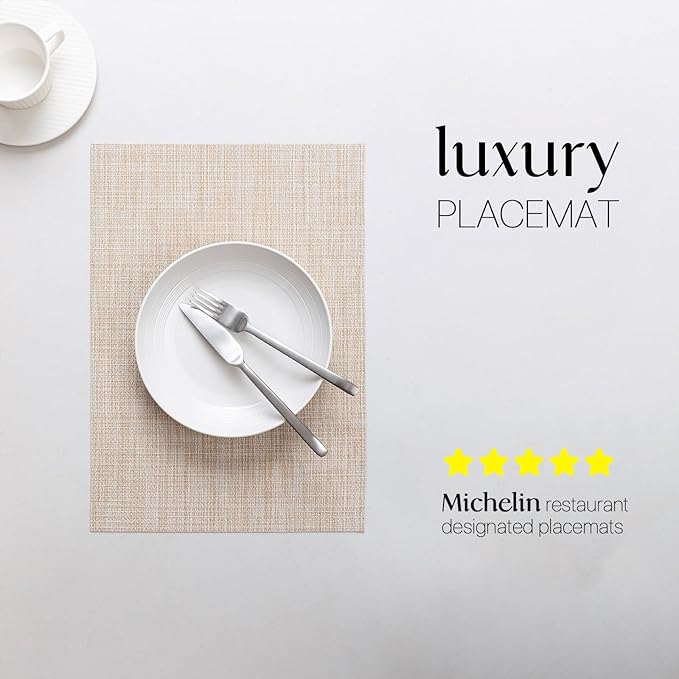 LEXMORE Placemats Set of 6 Vinyl/Plastic Woven Place Mats for Kitchen Table Indoor/Outdoor Washable Placemat Wipeable Dining Table Mats(A-Beige)