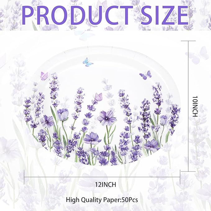 50 Pcs Lavender Oval Paper Plates Large 10" x 12" Spring Purple Lavender Floral Plates Disposable Heavy Duty Butterfly Flower Plates for Wedding Purple Baby Shower Lavender Birthday Party Decorations