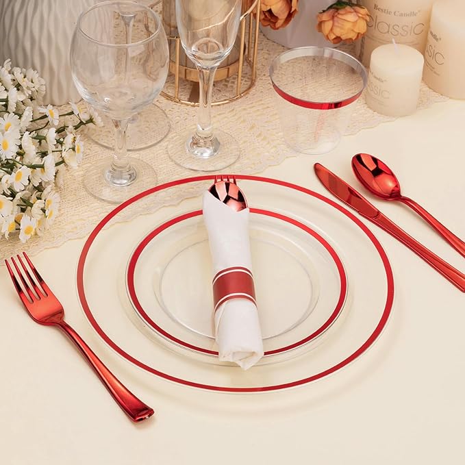 BESTSTAR 350PCS Clear and Red Disposable Plates Set for 50 Guests, 100 Plastic Plates, 50 Plastic Cups, 50 Pre-Rolled Napkins with Cutlery for Party, Christmas, Thanksgiving, Birthday, Halloween