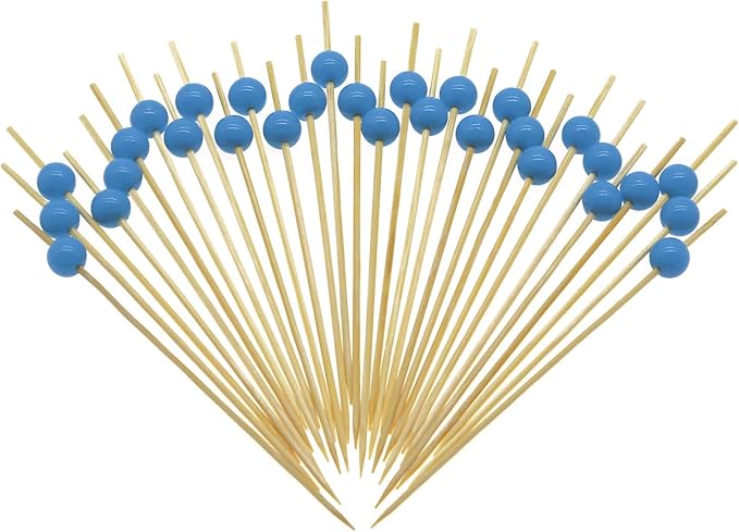 Minisland Sky Blue Pearl Cocktail Picks, 4.7 Inch Long Bamboo Fancy Toothpicks for Appetizers, Decorative Baby Shower Birthday Party Food Drink Garnish Fruit Kabob Skewer Sticks 100 Counts - MSL154