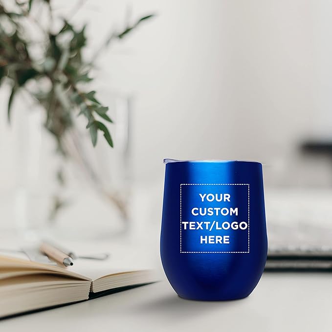 Custom Stemless Wine Glass Tumblers with Lids by Largo 11 oz. Set of 12, Personalized Bulk Pack - Perfect for Wine, Cocktails, Other Hot & Cold Beverages - Blue