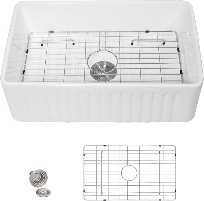 30"x18" White Farmhouse Kitchen Sink – Reversible Apron Front Fireclay Single Bowl Farm Sink, White Ceramic Porcelain Farmer Style Basin