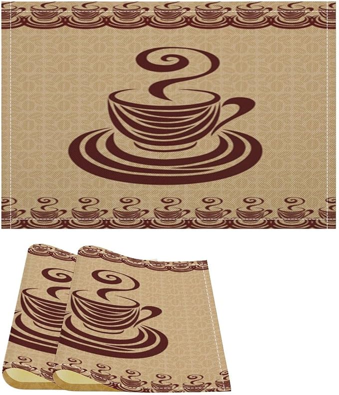 Vintage Coffee Theme Placemat Set, Minimal Rustic Farmhouse Brown Beige Geometric Coffee Cup Beans Seamless Pattern Home Decor Linen Table Mats for Dining Room Kitchen Party (17x12in) x2P
