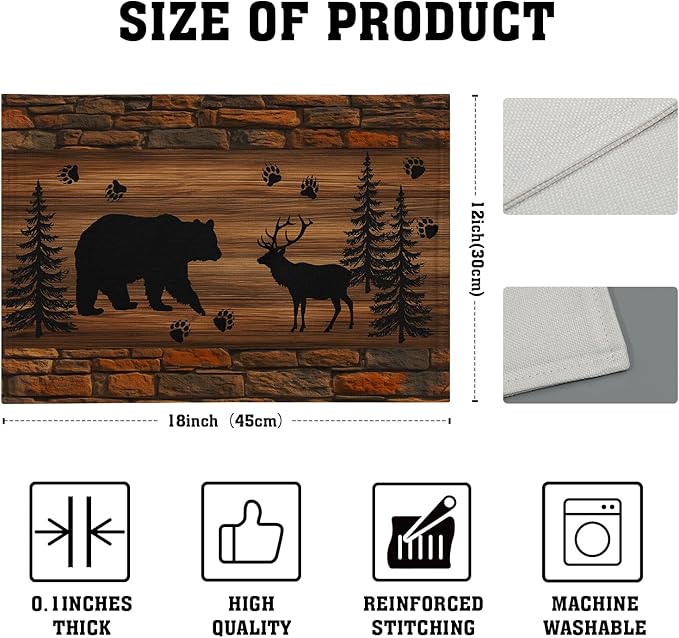 Rustic Placemats - Brown Cabin Bear Place Mats Set of 4 Country Moose Wooden Tablemats 12x18 for Dining Kitchen Farmhouse