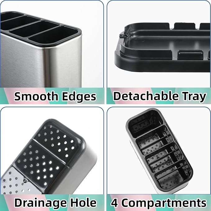 Utensil Holder,Stainless Steel Caddy Counter,Spoon holder,4 Compartments Silverware Caddy,Capacity Flatware Spoon Fork Tool Cutlery Holder（Silvery）