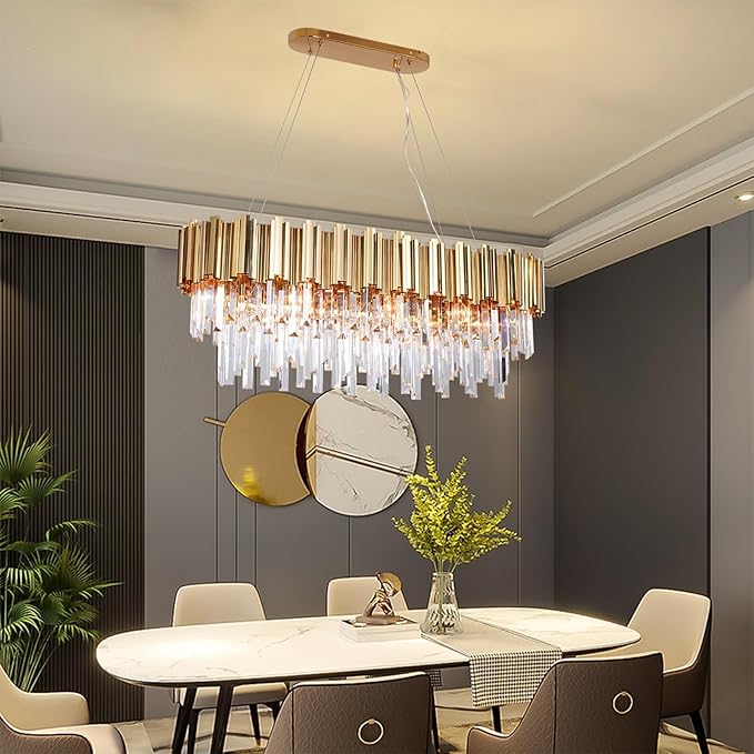 L35.4 Linear Crystal Chandelier Modern Luxury Gold Rectangle Chandeliers for Dining Room Contemporary Oval Raindrop Pendant Ceiling Light Fixture for Kitchen Island Entryway 10 Lights