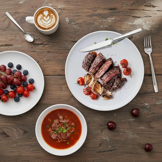12-Piece Porcelain Scratch Resistant Plates and Bowls Sets, Service for 4 Stoneware Dinnerware Sets, Ceramic Plates and Bowls Dishes Sets, White - Microwave and Dishwasher Safe