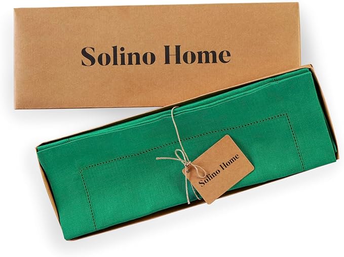 Solino Home Linen Cloth Placemats Set of 4-100% Pure Linen Hemstitch Garden Green Placemats 14 x 19 Inch - Classic Hemstitch Table Place Mats for Winter, St Patricks Day, Easter
