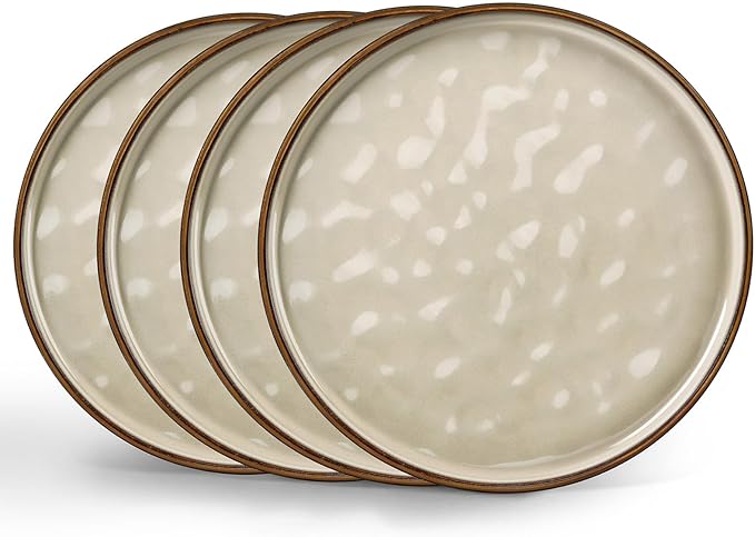 LIANYU Ceramic Plates Set for 4, 10.2In Porcelain Dinner Salad Appetizer Plates for Kitchen, Modern Round Stoneware Dining Dish Set, Scratch Resistant, Microwave, Oven and Dishwasher Safe, Sandy Beige