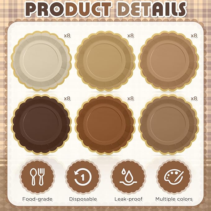 48 Pcs Brown Paper Plates 9 Inch Gradient Brown Scalloped Paper Disposable Dinner Dessert Plates for Birthday Wedding Bridal Party Supplies, 6 Colors