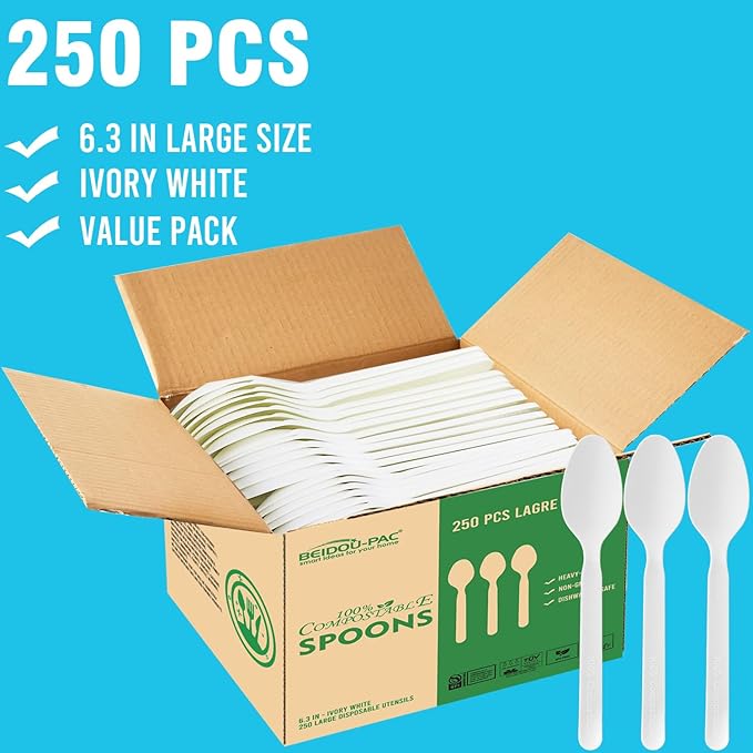 250 Count Compostable Disposable Non Plastic Spoons, Large Heavy Duty Biodegradable Utensils, Eco Friendly Durable Sturdy Recyclable Spoons Flatware Silverware for Party Wedding Daily Use