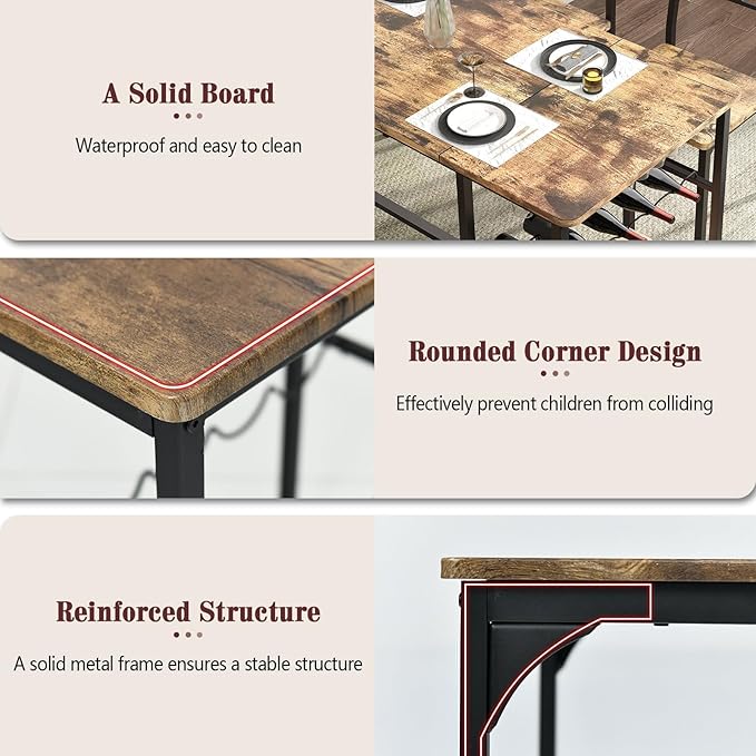 Dining Table for 4, Kitchen Table Set for 4 With 2 Chairs and Bench, Dining Room Table Set with Built in Wine Rack & Wine Glasses Holder, Storage Shelves for Small Space, Kitchen, Rustic Brown