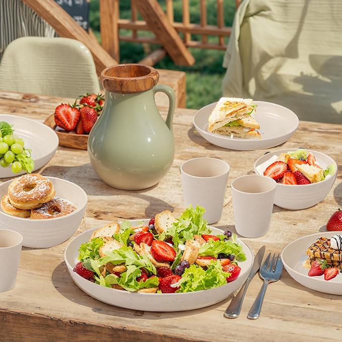 LIYH 24 Pcs Beige Plastic Wheat Straw Dinnerware Sets - Reusable Unbreakable Wheat Straw Bowls & Plates Dinner Set, Dishwasher Safe Plates Bowls Cups for Party Dish Set for 6 Kitchen & Camping