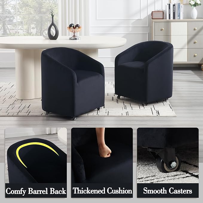 Modern Barrel Dining Chairs with Rolling Casters Set of 6, Upholstered Velvet Swivel Dining Room Chairs with Wheels for Kitchen Living Room Home Office, Black