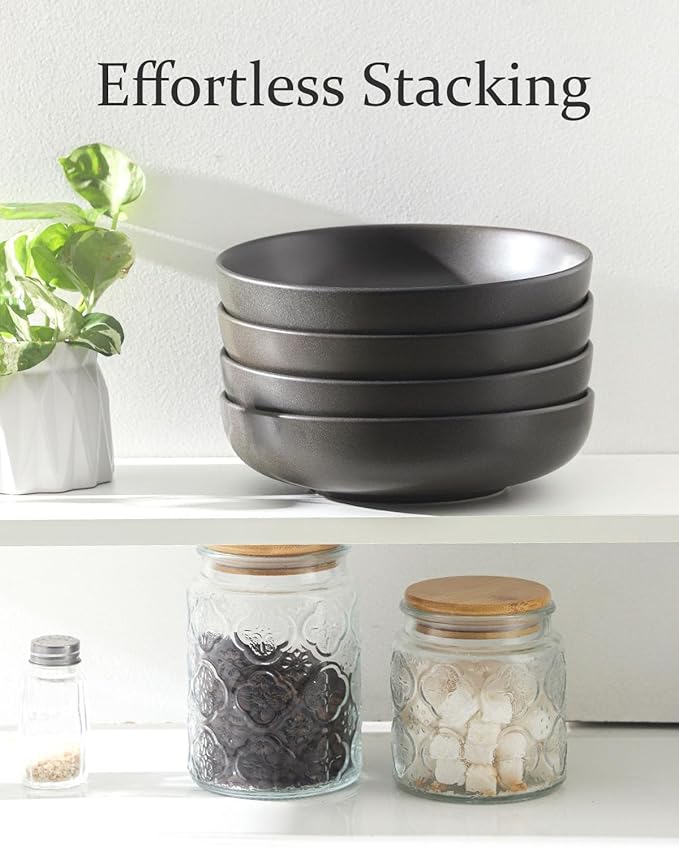 Ceramic Pasta Bowls, 34 oz Large Serving Bowls Set of 2, Stoneware Dinner Bowls for Pasta, Soup, Salad, Deep Pasta Plates for Housewarming Gift, Microwave & Dishwasher Safe, Matte Black